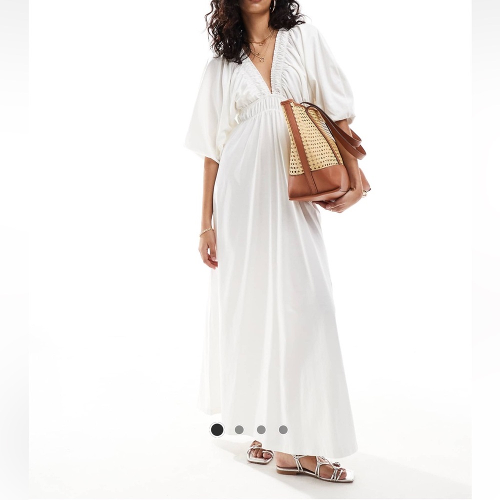 ASOS DESIGN plunge elastic tea maxi dress with ruched waist in cream